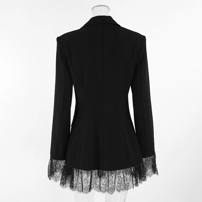 Elegant Lace Blazer Coat Women Fashion Office Lady Full Sleeve Single Breasted Jackets 2025 New Autumn Black Casual Slim Coats