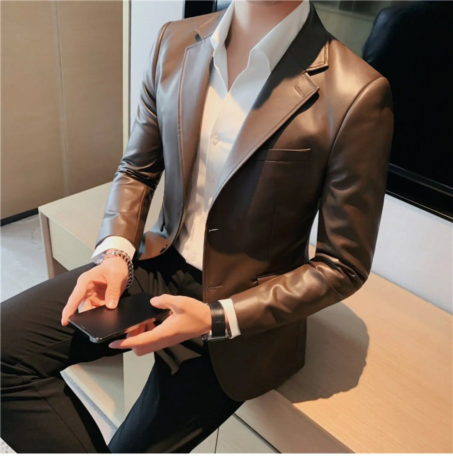 Men's Leather Jacket 2024 Autumn Highend Fashion Solid Slim Fit Business Blazers Coats Korean Casual PU Leather Suit Tuxedo