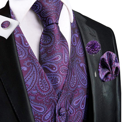 Navy Blue Mens Silk Vests Business Paisley V-Necl Waistcoat Tie Hanky Cufflinks Brooch Set for Men Suit Wedding Formal Hi-Tie