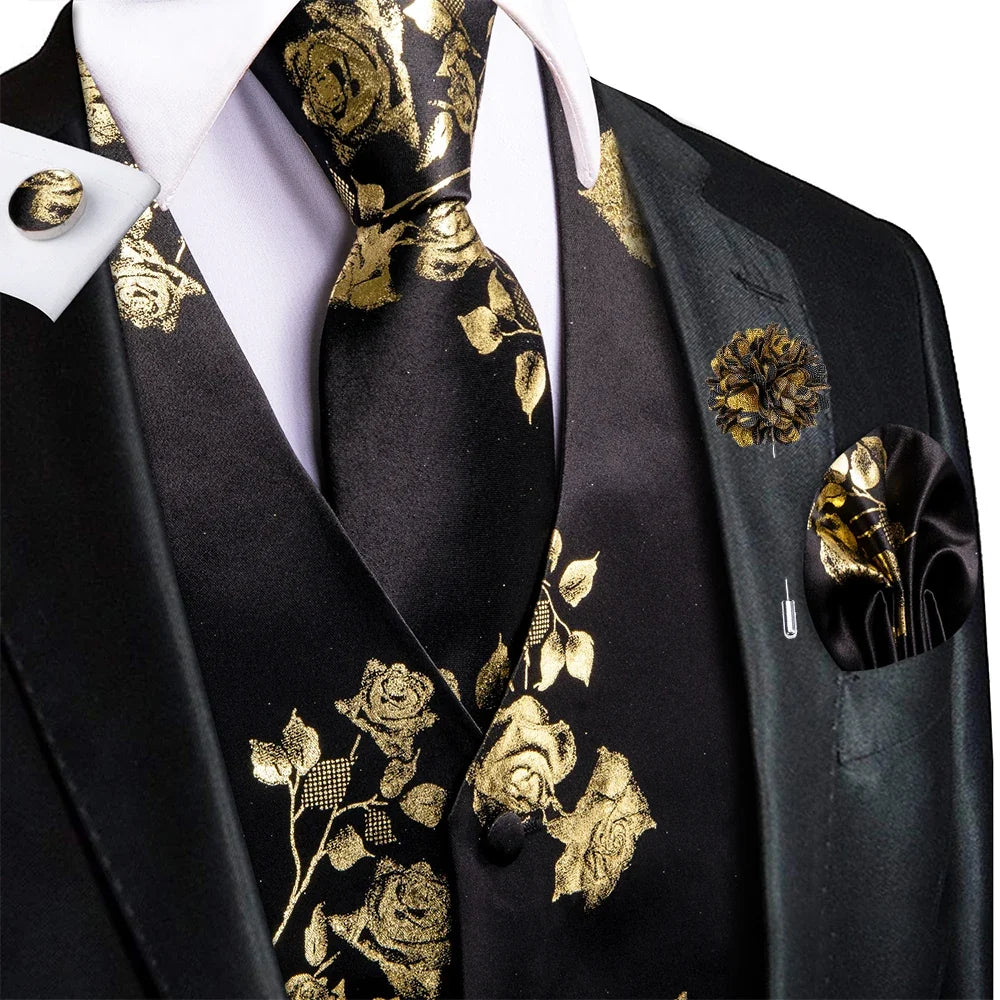 Luxury Men Silk Vest Gold Black Blue Red Green Purple Floral Waistcoat Tie Hanky Cufflinks Brooch Wedding Formal Business