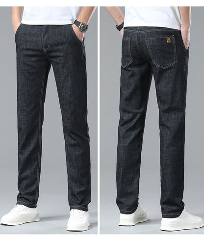 Light Blue Classic Business Casual Cotton Pants Fashion Breathable Denim Elastic Trousers Brand Men's Clothing Straight Jeans