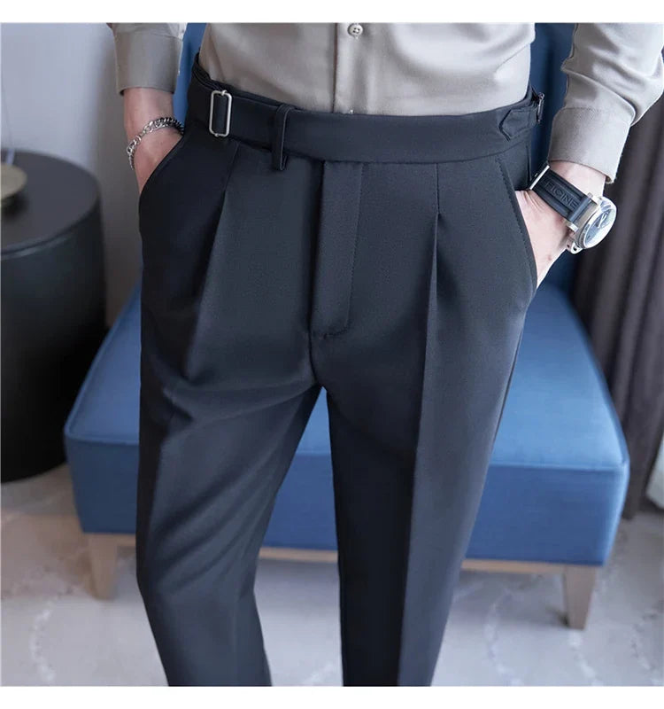 2026 Texture Naples Men's Solid Color Casual Pants Fashion Belt Design Slim Fit Suit Pants Formal Wear Wedding Social Trousers
