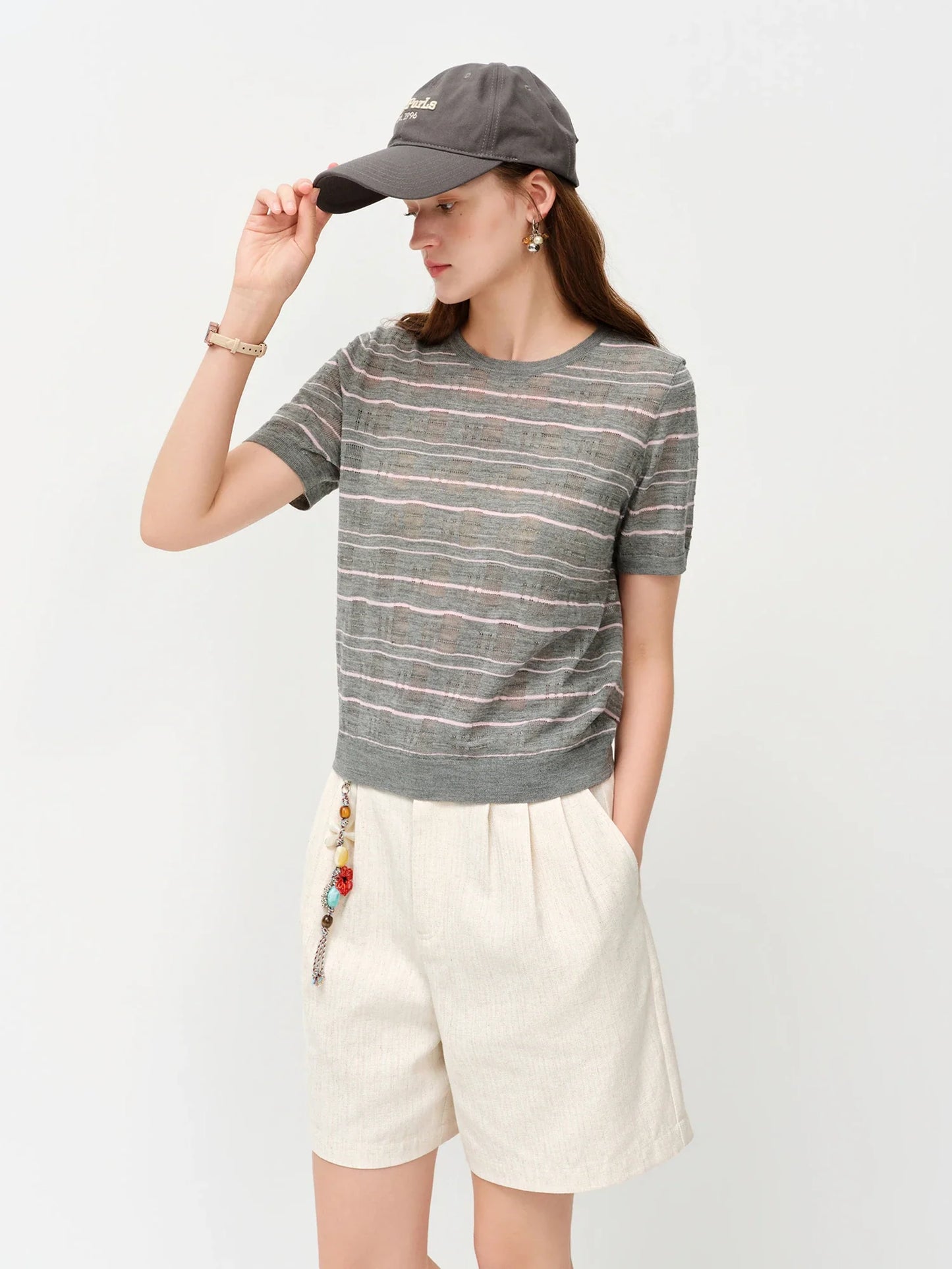 2026 Summer Women's Textured Cut-out Round Neck Short Sleeve Knit Top Soft Lightweight Breathable Blouse Elegant Style