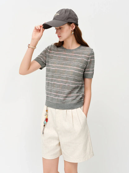 2026 Summer Women's Textured Cut-out Round Neck Short Sleeve Knit Top Soft Lightweight Breathable Blouse Elegant Style