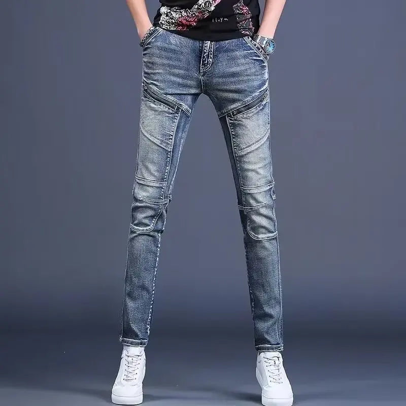 High-End Men's Slim Fit Jeans with Zipper Splicing Elastic Casual Long Trousers Trendy Retro Style Cotton Stretch Denim