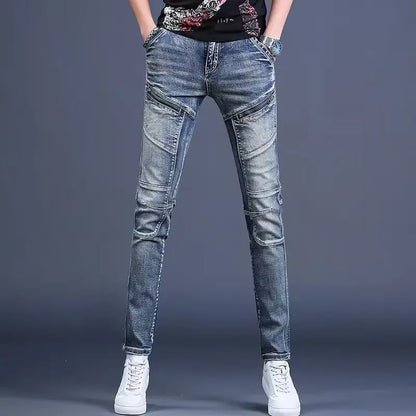 High-End Men's Slim Fit Jeans with Zipper Splicing Elastic Casual Long Trousers Trendy Retro Style Cotton Stretch Denim