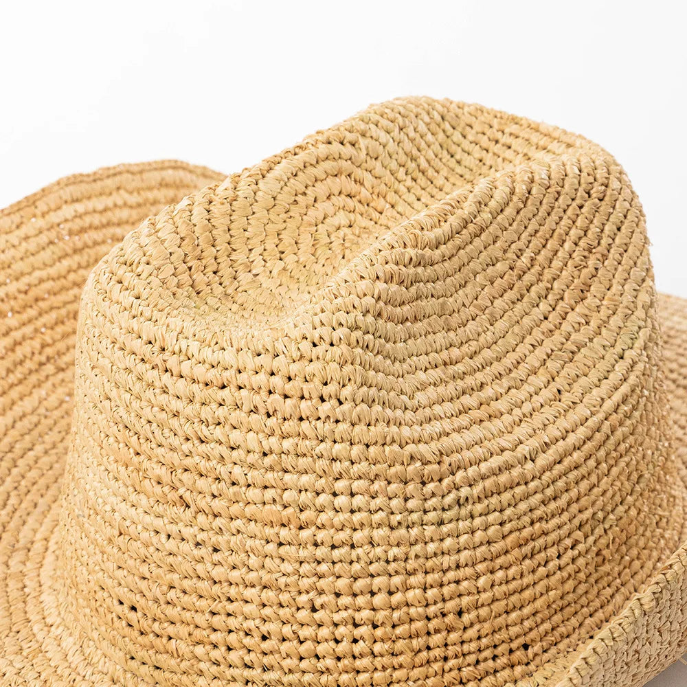 Hand-crocheted Natural Raffia Straw Cowboy Hat for Women Men Summer Wide Brim Sun Hat Outdoor Breathable Beach Caps