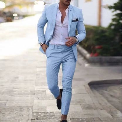 Men's Linen Suit 2 Piece Slim Fit Suit Summer Beach Wedding Suit Groosmen Prom Tuxedo Linen Blazer Pants Set