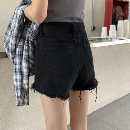 Black High-Waist A-Line Wide Leg Jeans Shorts for Women Summer 2026 Trendy Loose Fit Slimming Hot Pants Ladies Denim