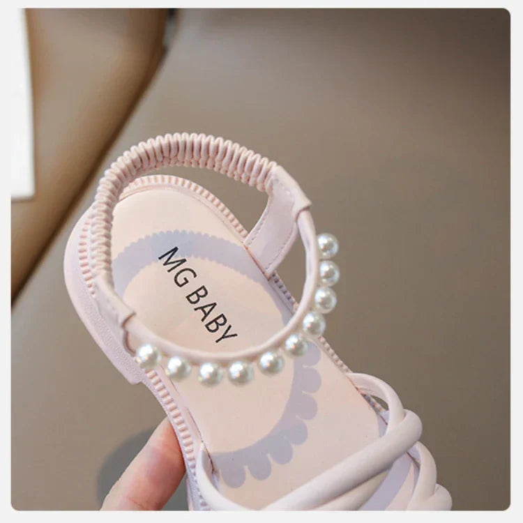 Girl Sandals Summer Children Princess Causal Pearl Beach Shoes Fashion Open-toe Kids Flat Sandals Solid Color Versatile Slip-on