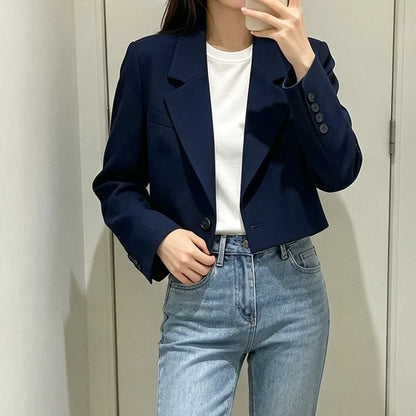 Autumn Solid Color Cropped Suit Jacket for Women Turn Down Collar Single Button Blazer Female Casual Office Lady Blazers Coat