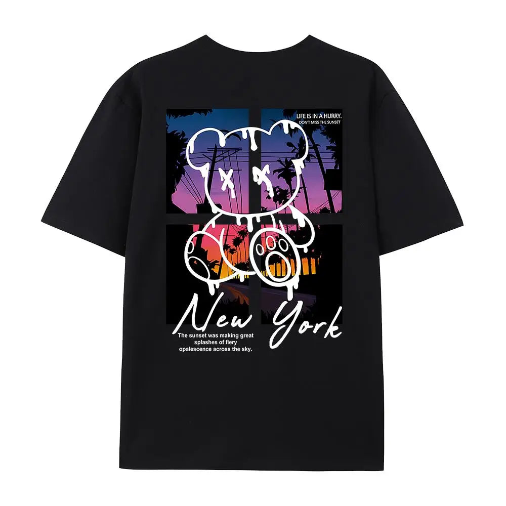 New York Art Word Cartoon Bear Sunset Scenery Design T Shirts Men Hip Hop Cotton Shirt Loose Summer T Shirts Oversized Tees