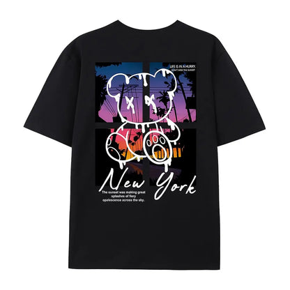 New York Art Word Cartoon Bear Sunset Scenery Design T Shirts Men Hip Hop Cotton Shirt Loose Summer T Shirts Oversized Tees