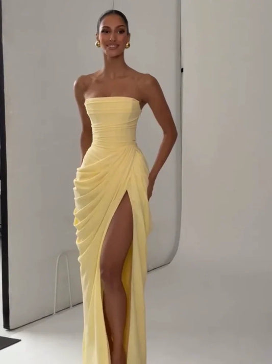 Solid Sexy Pleated Strapless Dress Women Chic Off-shoulder Backless High Waist Split Maxi Dresses 2026 New Evening Party Gown