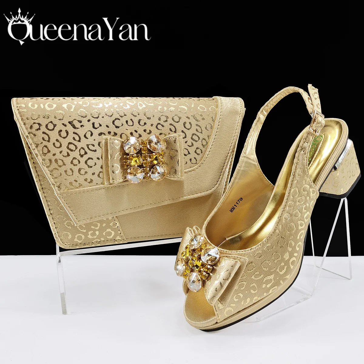 Queena Yan  2025 Shiny Italian Fashion Pointed Toe Women Heel Fashion Rhinestone Decoration Pink Color Shoes And Bag Set