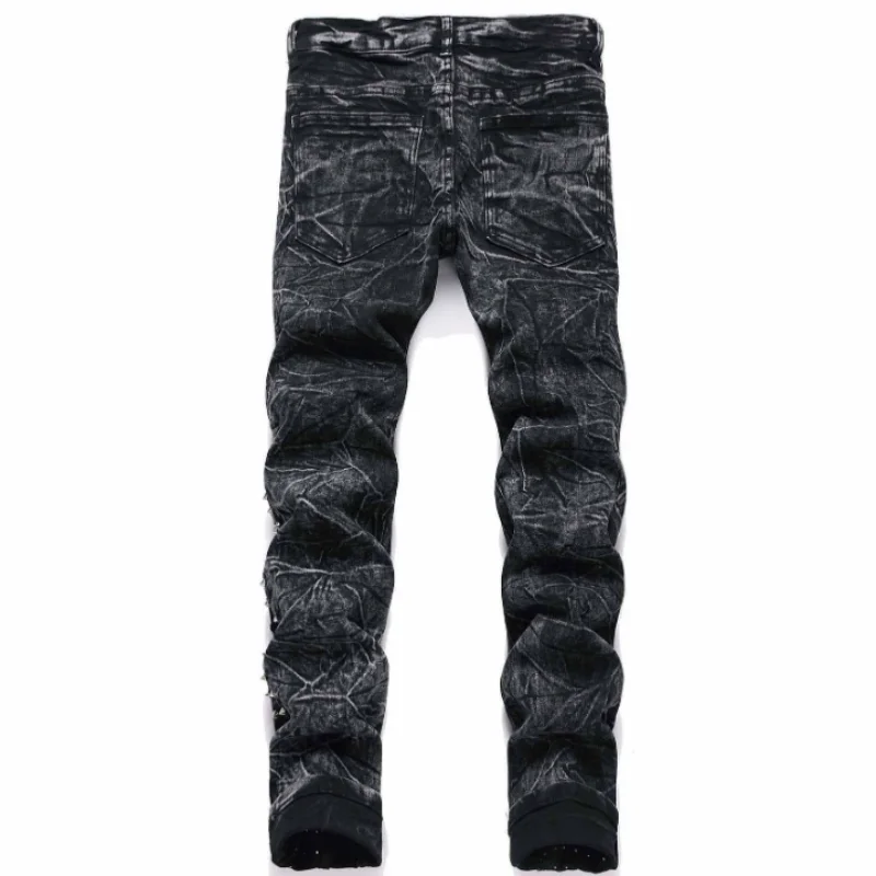 2025 Four Seasons New Retro Punk High Street Trendy Black Washed Outdated Slimming and Outdated Willow Nail Men's Jeans