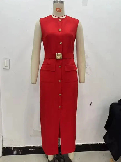 Female Summer Elegant Midi Dress O-Neck Hem Slit With Belt Sleeveless Single Breasted Back Zipper Fashion Long Dress