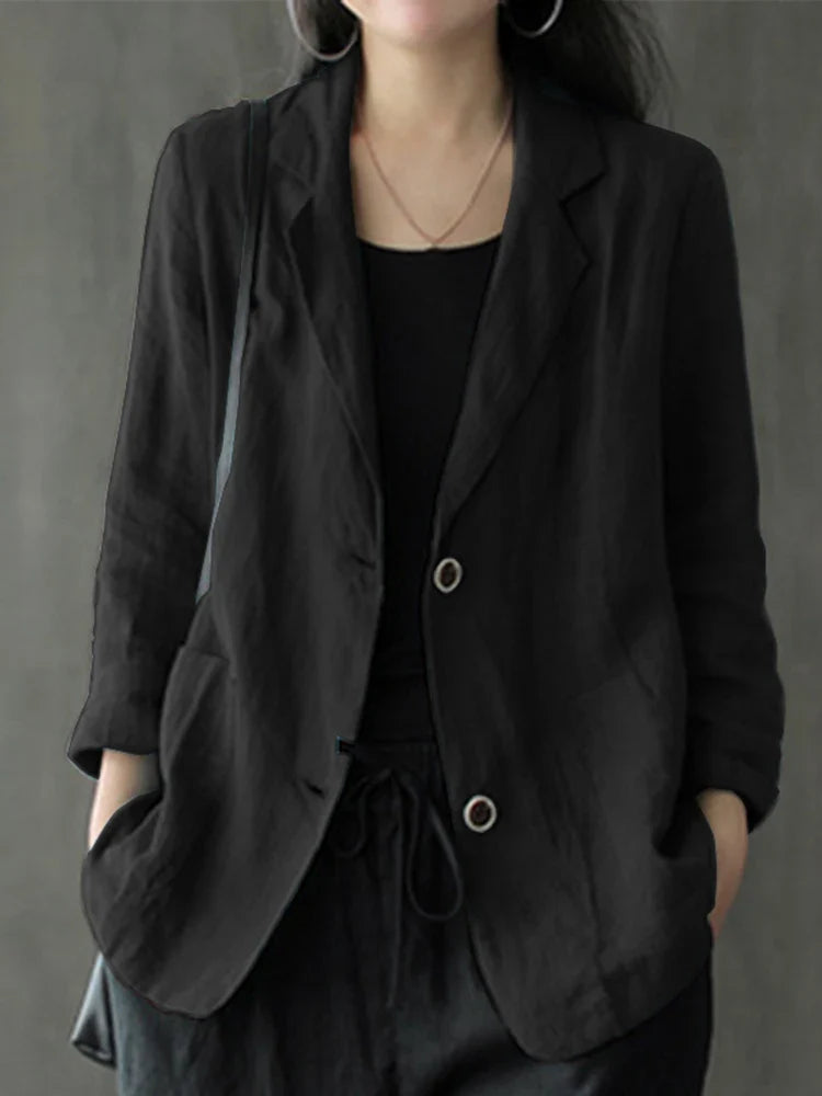 Women Lapel Neck Long Sleeve Blazer Autumn Vintage Casual Solid Cotton Blazer Elegant Cardigan Thin Coats Work Suits