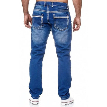 Vintage Men Jean Denim Pants Washed Pockets Mid Waist Zipper Fly Loose Fit Punk Style Distressed Ankle Length Straight Jeans