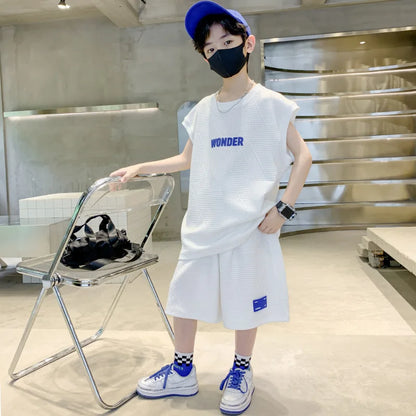 Summer Boys Waffle Alphabet Sleeveless t-Shirt Tops+Short Pants Set School Kids Tracksuit Child 2PCS Outfit Jogger Suit 5-16 Yrs
