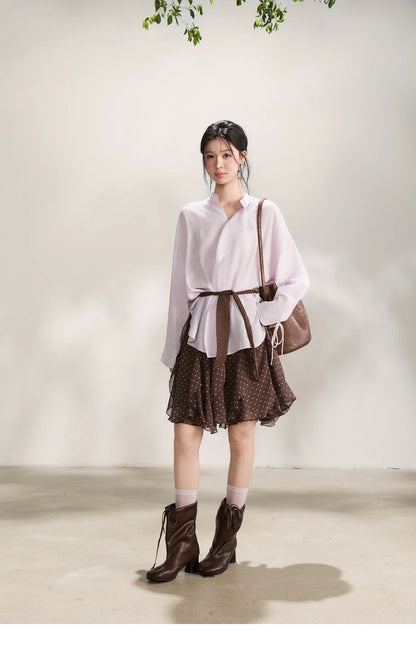 Women's Asymmetric V Neck Shirts 2026 Spring Lapel Casual Loose Tie Cuffs Solid Shirt with Polka Dot Ribbon MXF108X1002