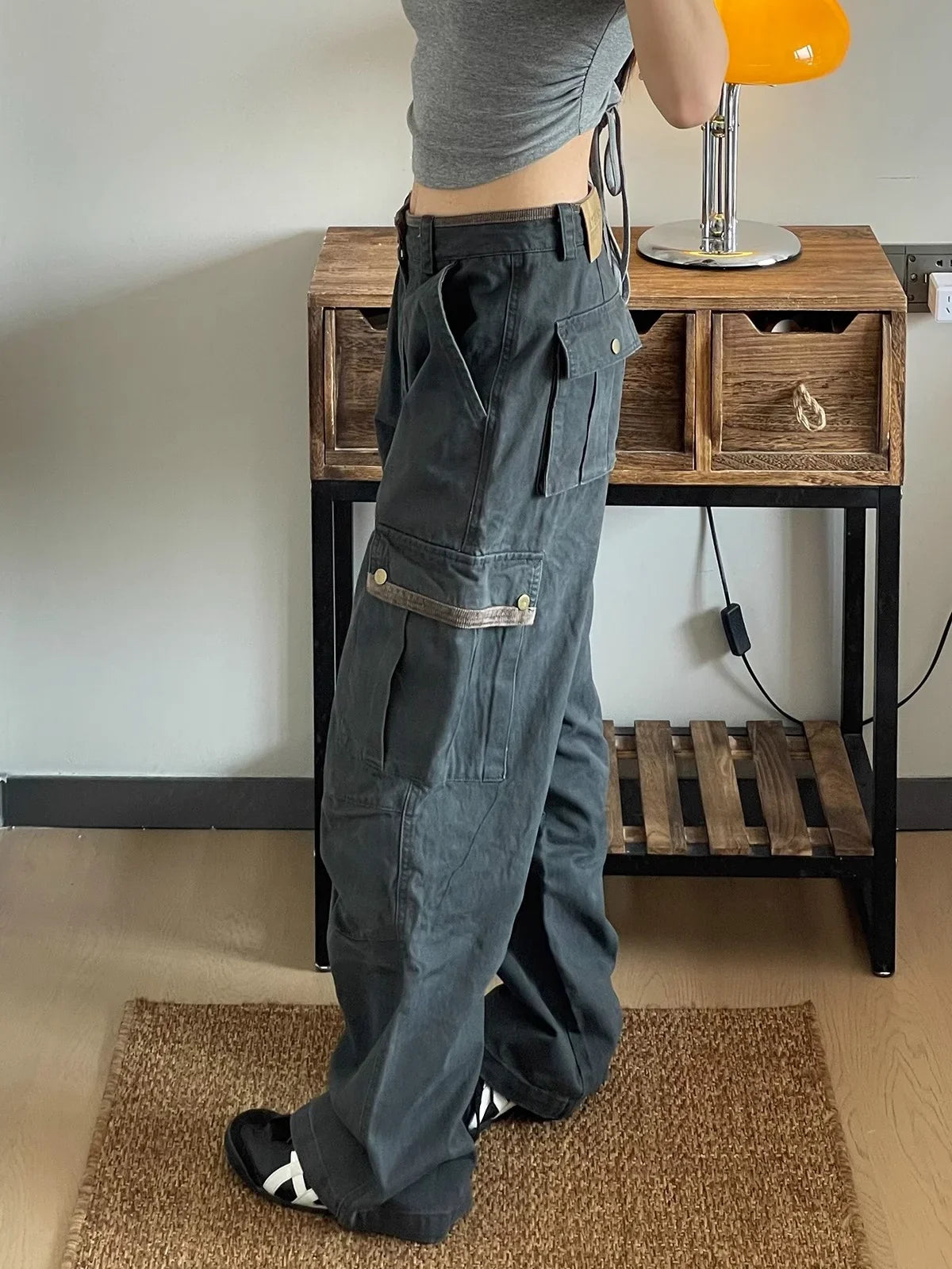 American Retro Workwear Denim Pants Women's High Waist Wide Leg Loose Straight Cut Trousers Spring Autumn New Sle Multi ket