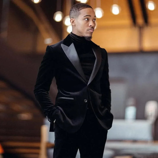 Black Velvet Mens Suits Slim Fit Groomsmen Wedding Tuxedos 2 Pieces Sets Peaked Lapel Blazers Formal Suit With Jacket And Pants