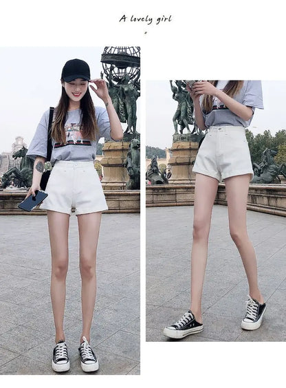 High-Waist Cuffed Denim Shorts Women Summer Korean Style Student Loose Slimming Outerwear A-Line Wide Leg Hot Pants Y2K Shorts