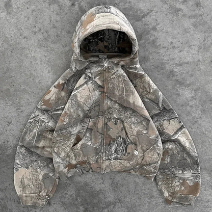 Y2K Retro Zip Up Hoodie Men Camouflage Pattern Zipper Sweatshirt High Street Hip Hop Streetwear Oversized Unisex Camo Hoodie