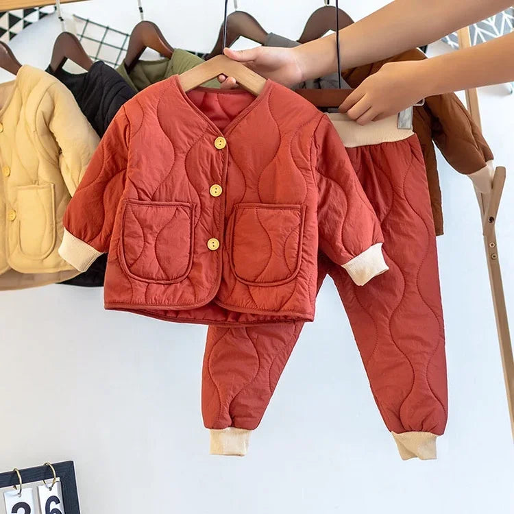 Winter Cute Girls Quilted Warm Clothes Sets Kids Boys Thicken Pullover and Thick Pants 2pcs Sets Boy Warm Suit for Kindergarten