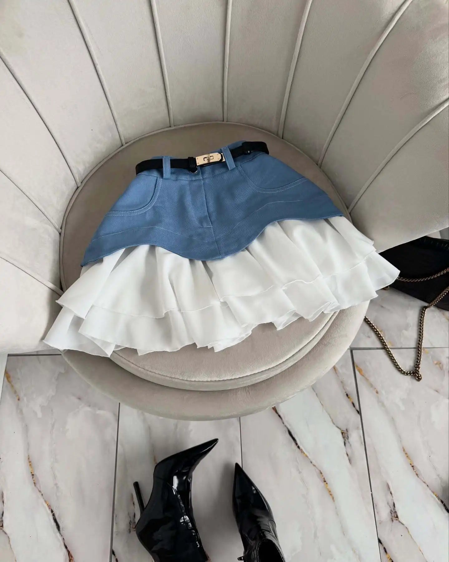 Denim Cake Skirt Women A Line Short Skirts High Waist Ruffles Elegant Splice Y2k Streetwear Party Pleated Slim Fit 2025 Spring