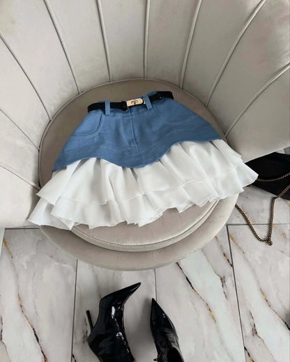 Denim Cake Skirt Women A Line Short Skirts High Waist Ruffles Elegant Splice Y2k Streetwear Party Pleated Slim Fit 2025 Spring