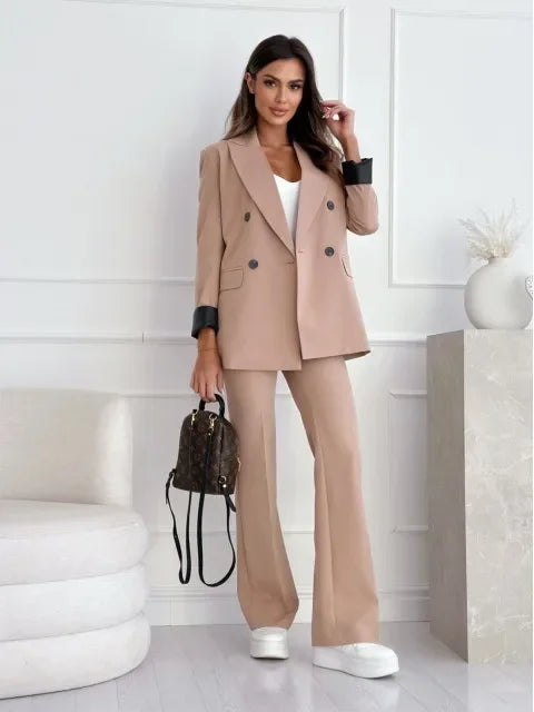 Autumn Winter New Style Women's Suit Coat Long Sleeve Double Buttoned Outerwear Top Cross-Border Fashion Polyester Fiber