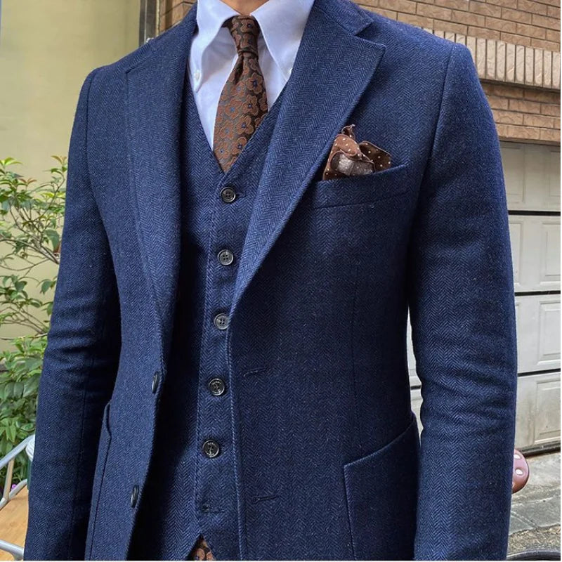 New Retro Herringbone Slim Fit Men's Suit Gentlemen's 3-piece Suit Single Breasted Handsome Autumn Winter Business Casual Formal