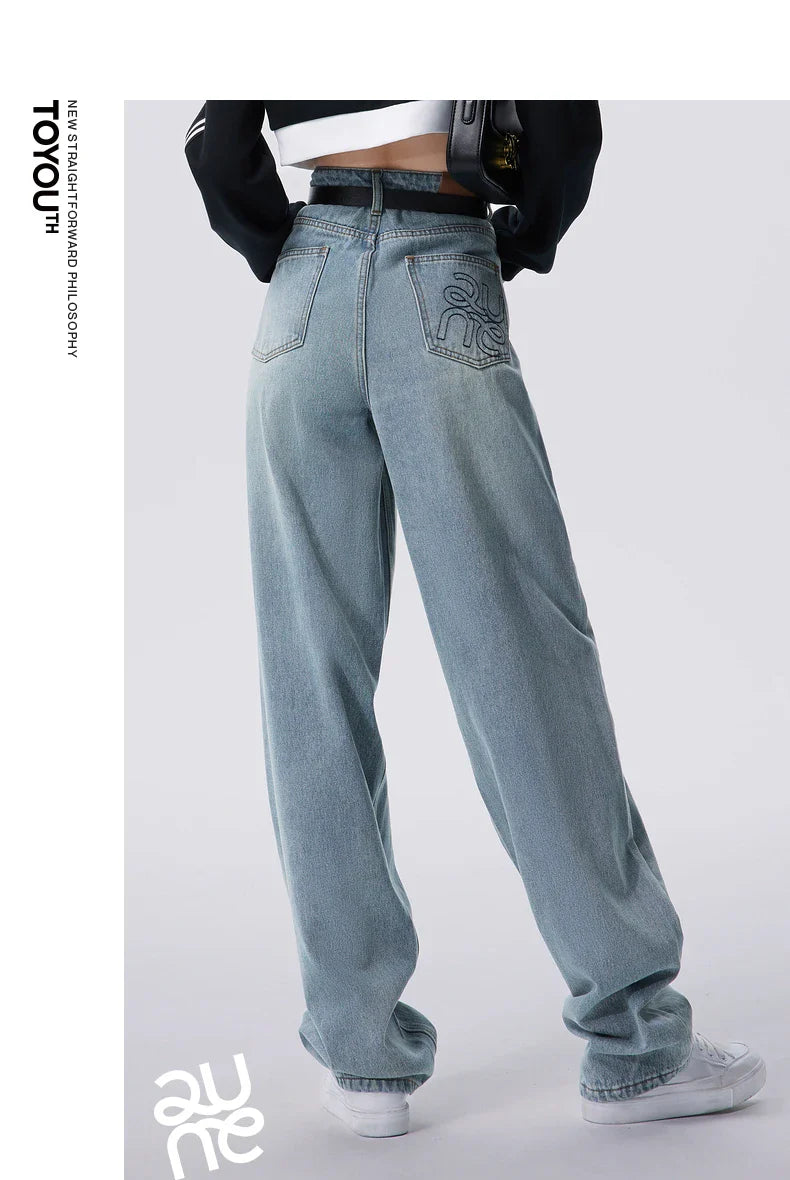 Women Jeans 2023 Autumn High Waist Straight Loose Trousers Fashion Casual Versatile Simple Basic Light Blue Pants