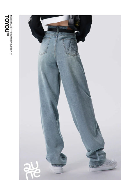 Women Jeans 2023 Autumn High Waist Straight Loose Trousers Fashion Casual Versatile Simple Basic Light Blue Pants