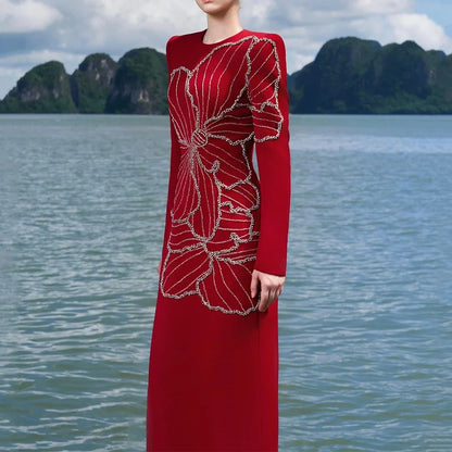 Modern Beading Evening Dress O-Neck Long Sleeve Straight Floor Length Women Customized Occasion Formal Jersey Party Gown New
