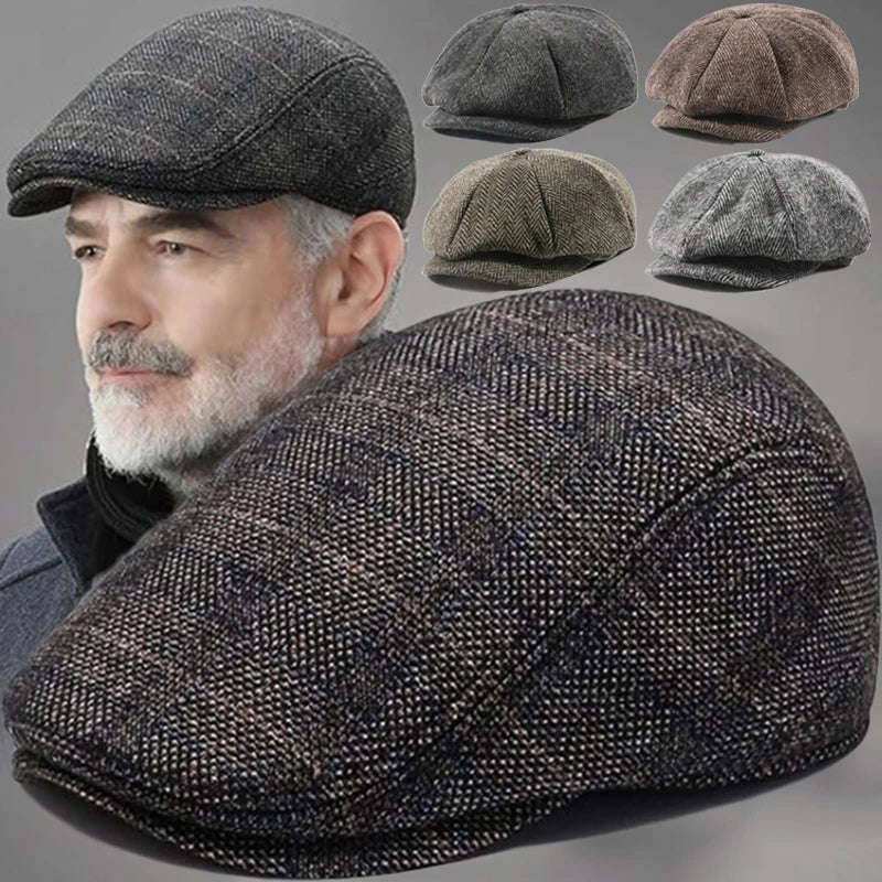 Men Retro Beret British Hats Wool Blend Vintage Herringbone Tweed Men Casual Fashion Hat Flat Keep Warm Caps Gifts