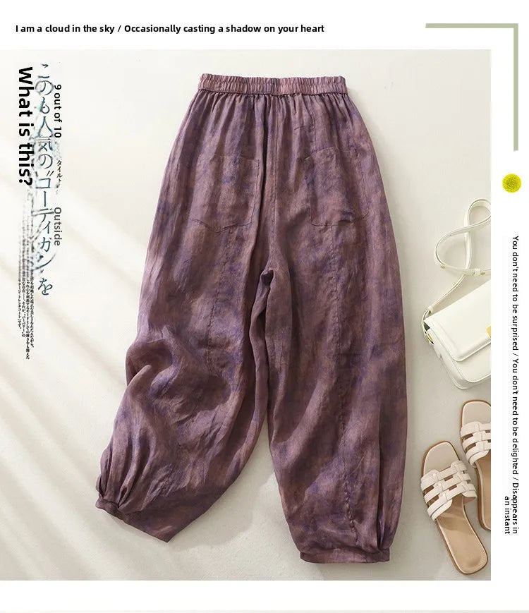 Retro Waterprint Linen Casual Nine-Piece Pants plus Size Women's Loose Elastic Waist Versatile Wide Leg Harlan Pants