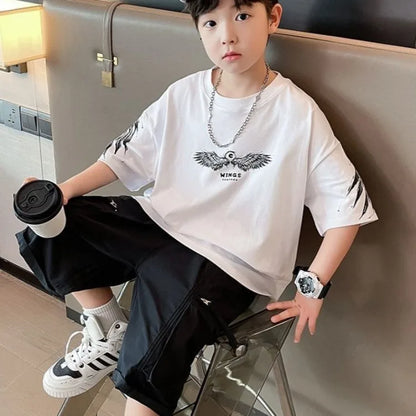 2026 Summer Kids Wing T-Shirt Cotton Loose Stylish Boy's Shirt Big Kids Summerwear