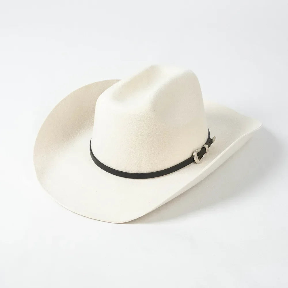 New Autumn Winter Women Fedoras with Belt Buckle Wide Brim Rolled Wool Cowboy Hat M L Size Obtainable