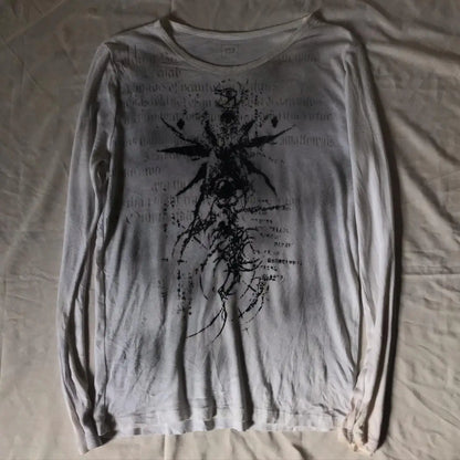 Y2K Men Harajuku Gothic Printing White Long Sleeve Punk Hip Hop T shirt Fashion Gothic Casual Pure Cotton Loose Tops Unisex