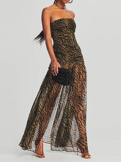 Women Tube Top Dress Slim Strapless Backless Mesh Patchwork Tropical Print High Slit Long Dress for Party Club Night