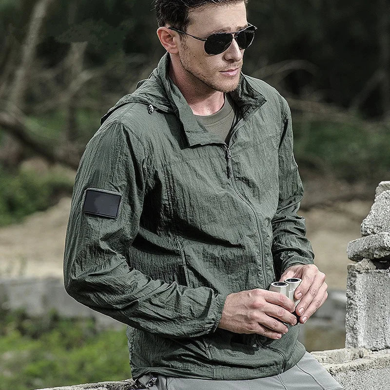 Summer Lightweight Tactical Jacket Men's Windbreaker Thin Skin Hooded Raincoat Quick Dry Breathable Waterproof Jacket
