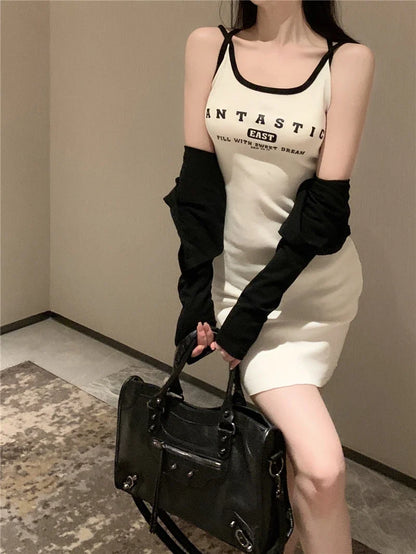 Sexy Spicy Girl Letter Print Knitted ort Dr with Belt Slimming Summer New Arrival Korean Sle A-Line Skirt without Sve