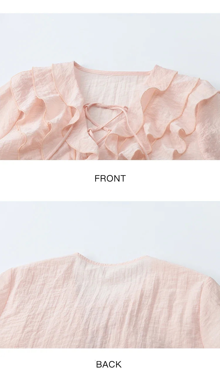 Pink Ruffled Blouse for Woman 2025 Autumn New Elegant Sweet V-neck Lace-up Design Shirt Lantern Sleeves Top MXE49X2504