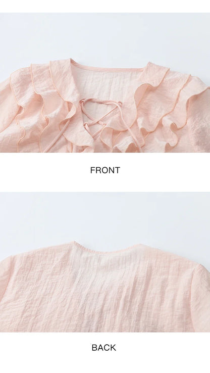 Pink Ruffled Blouse for Woman 2025 Autumn New Elegant Sweet V-neck Lace-up Design Shirt Lantern Sleeves Top MXE49X2504