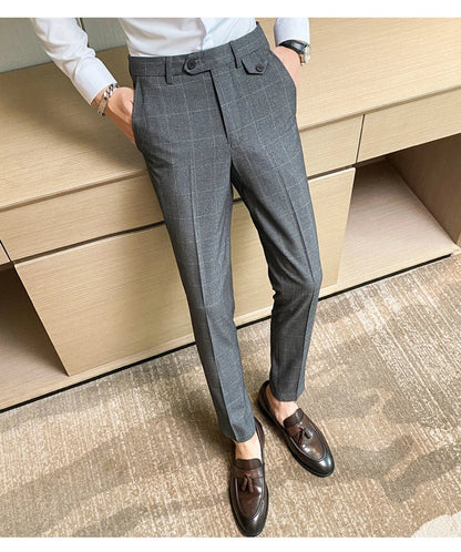 Boutique Classic Plaid and Striped Fashion Men's Casual Business Slim Suit Pants Groom Wedding Dress Trousers Party