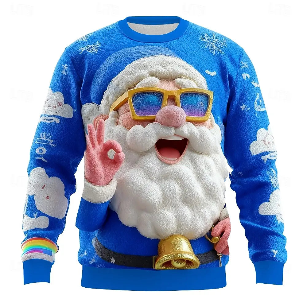 2025 Fun Santa Claus 3D Print Crewneck Sweatshirt Christmas Theme Relaxed Fit Long-Sleeve Sweatshirt Casual Party Wear