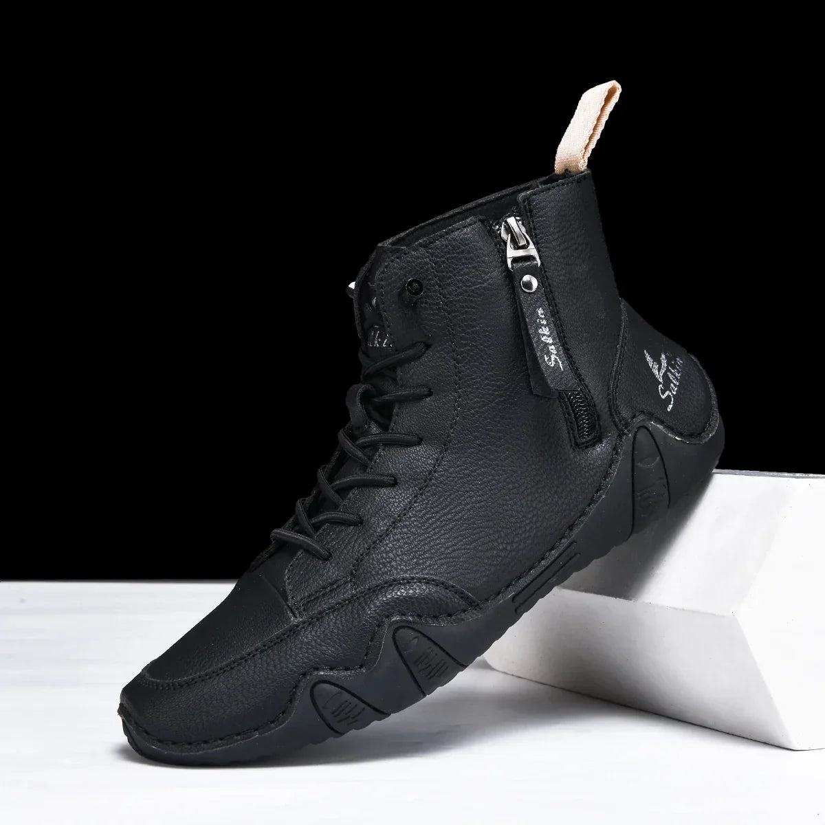 New 2025 Handmade Casual Shoes Men Sneakers Ankle Boots Leather Side Zipper Comfortable Breathable Anti-Slip Outdoor Walking